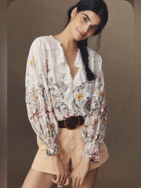 NWT Anthropologie Cream Floral Ruffle Blouse Cotton V-Neck Smocked Top | Small